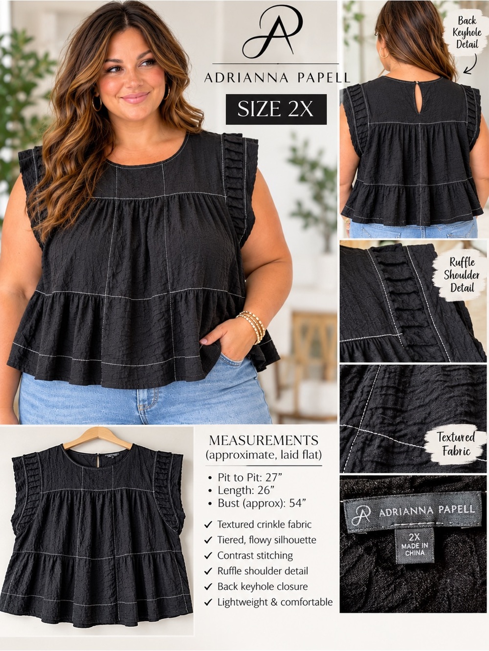 Adrianna Papell Black Textured Ruffle Sleeve Tiered Tank Top